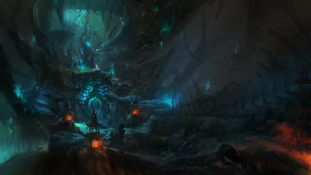 Dark fantasy scene with glowing blue and orange lights illuminating a mysterious cavern, rendered in high-definition artistic style for a PC desktop wallpaper.