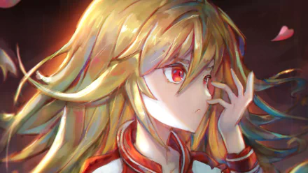 HD PC wallpaper showing Shion Todoroki from Yuragi-sou no Yuuna-san — close-up with flowing golden hair, red eyes, hand to her face, warm glowing background and drifting petals.