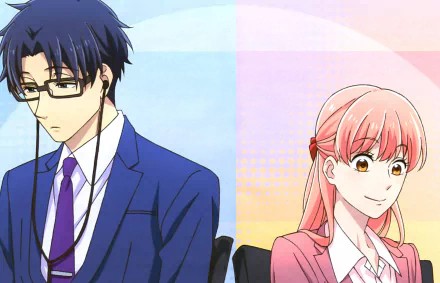 Narumi Momose and Hirotaka Nifuji from the anime Wotaku ni Koi wa Muzukashii, side-by-side on a split pastel background — 2K Quad HD PC desktop wallpaper.