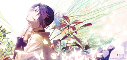 HD desktop wallpaper featuring Shinobu Kochou from the anime Demon Slayer: Kimetsu no Yaiba. She is surrounded by butterflies and foliage, with a serene expression and a bright, ethereal background.