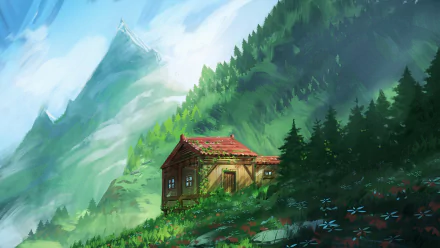 A cozy fantasy house nestled in a lush, mountainous forest with vibrant greenery and wildflowers under a bright, clear sky, HD PC desktop wallpaper.