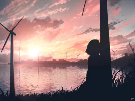 HD Anime wallpaper featuring a stunning sunset by the water, with wind turbines in the background and a silhouetted figure leaning against a tree. The vibrant colors create a serene, picturesque scene.