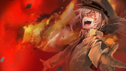 HD anime desktop wallpaper featuring Tanya Degurechaff from The Saga of Tanya the Evil, showcasing her intense expression amid fiery, chaotic surroundings.