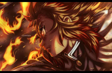 HD PC desktop wallpaper featuring Kyojuro Rengoku from the anime Demon Slayer: Kimetsu no Yaiba, surrounded by dynamic flames and intense expression.