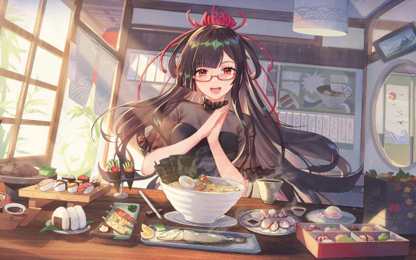 Anime-style artwork of a long black-haired character with red eyes enjoying a spread of sushi and ramen in a bright, cozy kitchen setting.