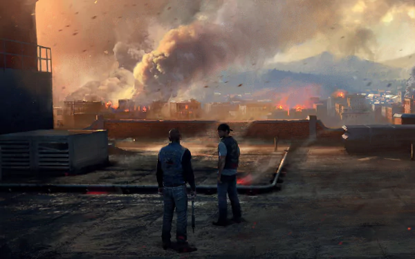 HD PC desktop wallpaper from the video game Days Gone: two survivors stand on a rooftop watching a smoke-filled town burn beneath an orange, ash-filled dusk sky.