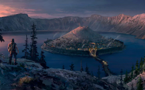 HD PC desktop wallpaper from the video game Days Gone, showing a lone figure overlooking a fortified island settlement surrounded by water at sunset.