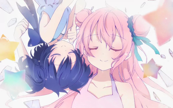 HD desktop wallpaper featuring Satō Matsuzaka and Shio Kōbe from the anime Happy Sugar Life. The characters are depicted with soft pastel colors, serene expressions, and surrounded by floating stars.