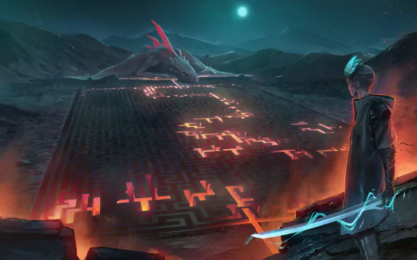 A fantasy warrior with a glowing sword stands before a fiery labyrinth at night, with a dragon perched atop the maze under a moonlit sky.