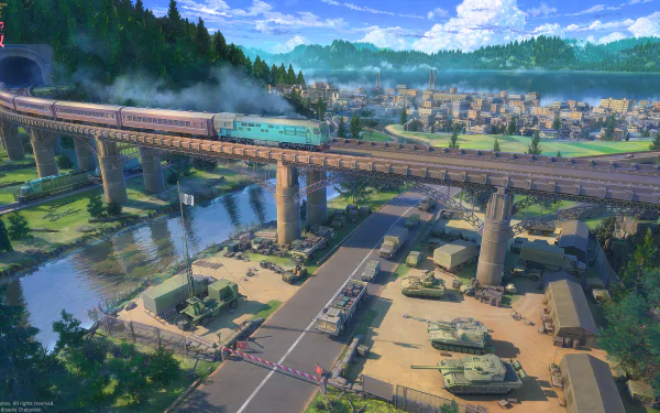 Anime HD wallpaper of a scenic cityscape featuring a river, bridge, train, and military tanks near a road, with lush greenery and mountains in the background.