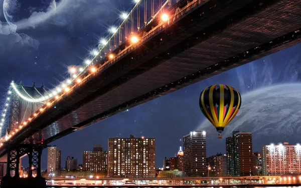 Artistic HD desktop wallpaper of Manhattan, New York: illuminated Manhattan Bridge spanning a nighttime skyline over the river, with a hot air balloon drifting above.