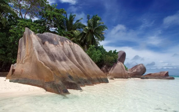 HD desktop wallpaper of a Seychelles beach featuring large granite boulders, palm trees, and clear turquoise water under a bright blue sky.