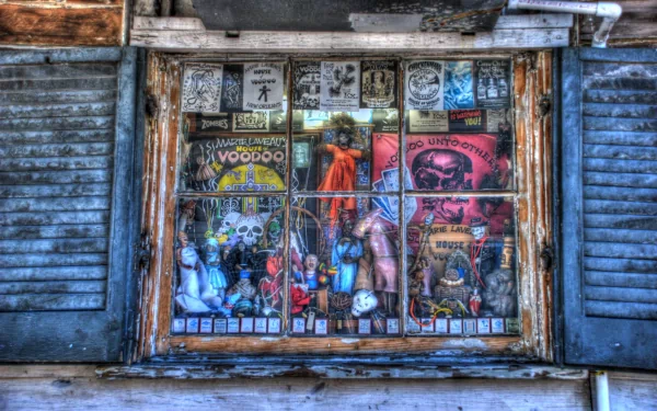 A vibrant 4K Ultra HD image of a New Orleans voodoo shop window, showcasing colorful artifacts and posters behind aged wooden shutters on a historic building.