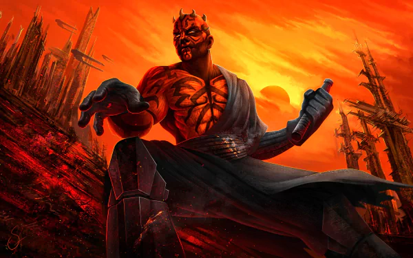 Darth Maul stands in a fiery sci-fi landscape with a glowing orange sky, rendered in stunning 4K Ultra HD for a Star Wars PC desktop background.