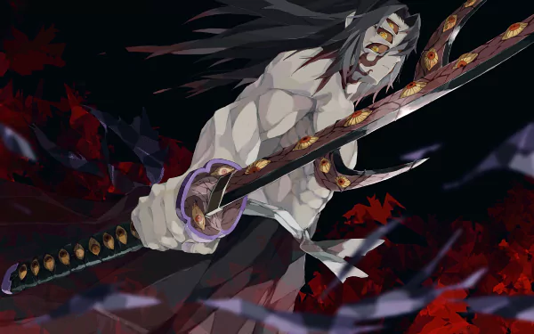HD desktop wallpaper featuring Kokushibo from Demon Slayer: Kimetsu no Yaiba, showcasing his intense stance and intricate sword in an atmospheric background with dark and red hues.