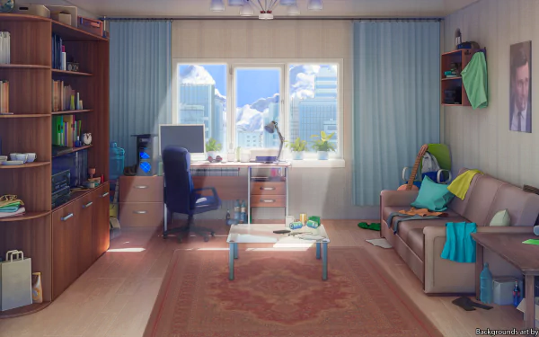 HD anime-style room interior featuring a cozy sofa, desk with PC setup, bookshelf, and large window, designed as a vibrant desktop wallpaper and background.