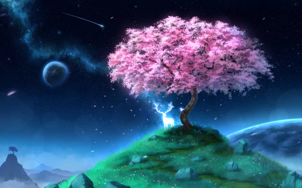 Anime-style HD wallpaper featuring a starry sky with a shooting star, a planet, and a pink-blossomed tree atop a grassy hill, with a glowing deer standing beneath the tree.