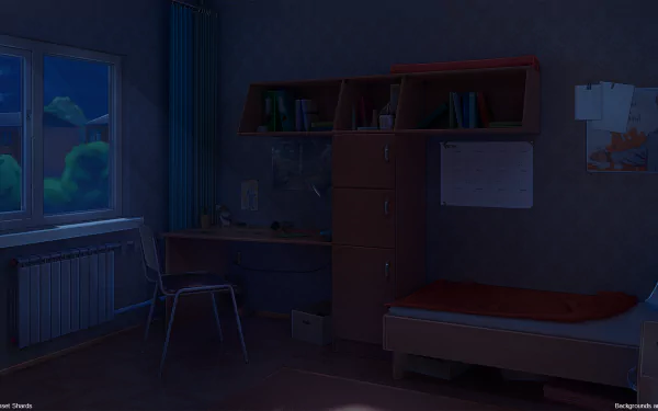 Anime-style bedroom at night featuring a desk, chair, bed, and shelves, illuminated by soft moonlight through the window, designed as an HD PC desktop wallpaper.