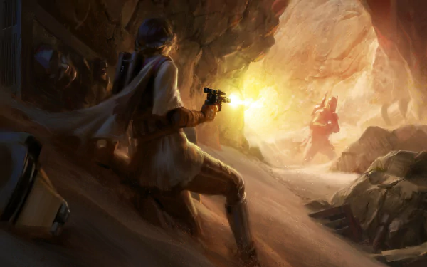 HD PC wallpaper featuring Boba Fett wielding a blaster in a dramatic Star Wars sci-fi cave battle scene.