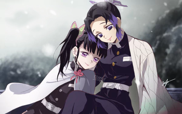 Kanao Tsuyuri and Shinobu Kochou from the anime Demon Slayer: Kimetsu no Yaiba share a warm moment in this vibrant HD desktop wallpaper, showcasing their bond against a serene backdrop.