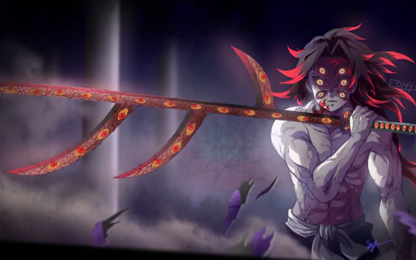 HD desktop wallpaper of Kokushibo from Demon Slayer: Kimetsu no Yaiba, showcasing an intense scene with him wielding his massive sword against a dark, mystical background.