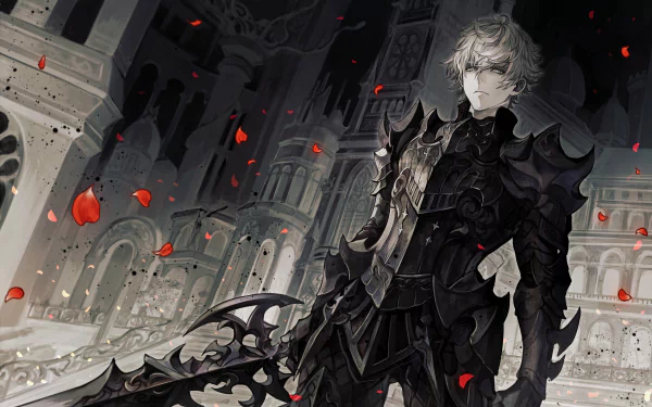 A grey-haired anime warrior with grey eyes stands in dark, intricate armor, holding a large sword. The background depicts a grand, gothic architecture with red petals floating around. HD desktop wallpaper.