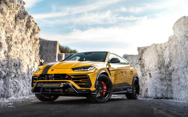 A yellow Lamborghini Urus SUV parked between rugged white rock formations, captured in ultra HD with a bright sky backdrop.