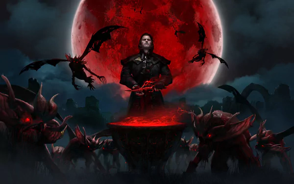 HD PC desktop wallpaper from the video game Gwent: The Witcher Card Game, featuring a dark figure casting a red spell under a blood-red moon, surrounded by menacing creatures.