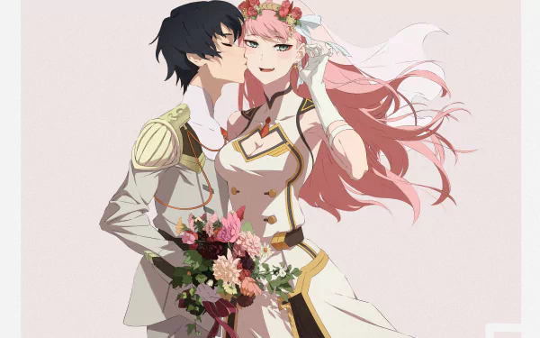 Hiro and Zero Two from Darling in the FranXX share a tender moment, with Hiro kissing Zero Two’s cheek as she holds a bouquet, set in a 4K Ultra HD anime wallpaper.