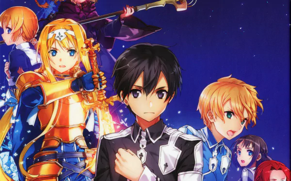 HD PC desktop wallpaper featuring Cardinal System, Ronye Arabel, Tiese Shtolienen, Selka Zuberg, Alice Zuberg, Eugeo, and Kirito from Sword Art Online: Alicization anime.