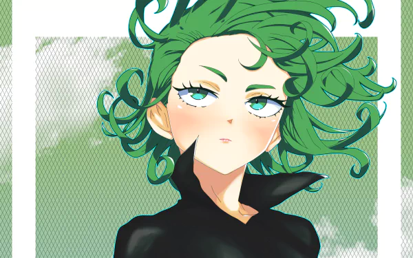 HD PC desktop wallpaper featuring Tatsumaki from the anime One-Punch Man, showcasing her with flowing green hair and a determined expression.