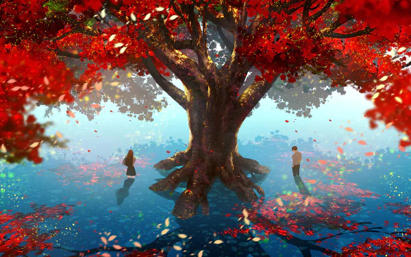 HD desktop wallpaper featuring an anime-style depiction of a couple under a vibrant red autumnal tree, reflected in a tranquil water surface.