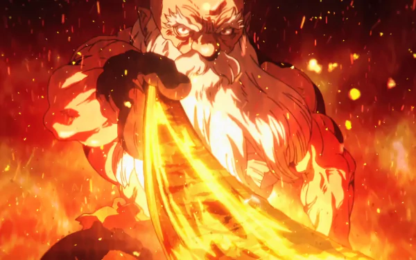 HD anime wallpaper featuring Kaseki from Dr. Stone, showcasing intense flames and dynamic action in a vivid, fiery background.