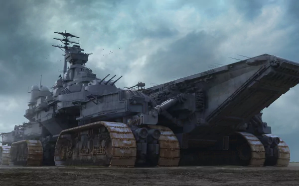 Futuristic military aircraft carrier with tank tracks and UAVs, set against a dramatic sky, depicted in HD as a sci-fi desktop wallpaper background.
