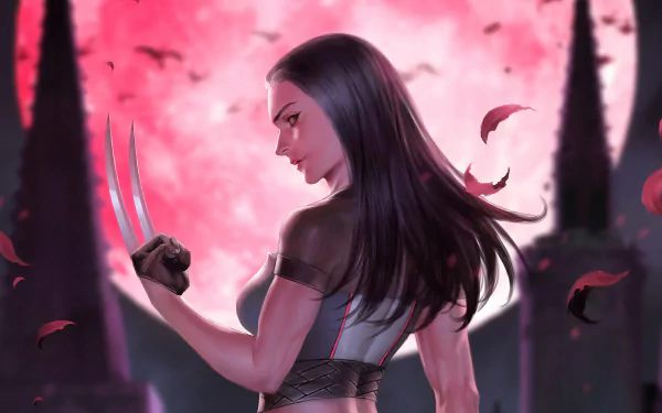 X-23 from X-Men comic in a striking pose with extended claws against a vivid pink sky, 4K Ultra HD PC desktop wallpaper and background.