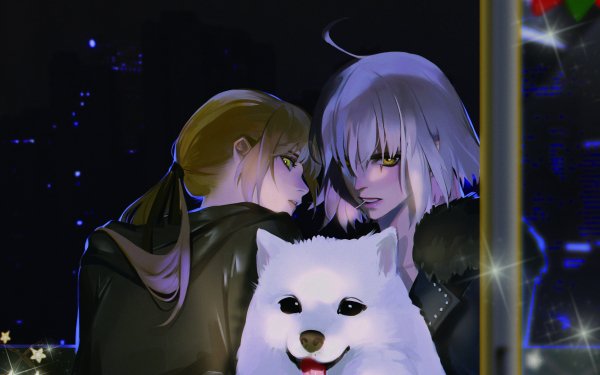Anime Fate/Grand Order Fate Series Jeanne d'Arc Alter Avenger Saber Alter Artoria Pendragon Dog Yellow Eyes Blonde White Hair HD Wallpaper | Background Image