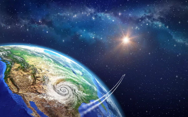 8K Ultra HD wallpaper showing Earth from space with a bright star, swirling storm over the continent, and two white trails crossing the atmosphere against a starry sky.