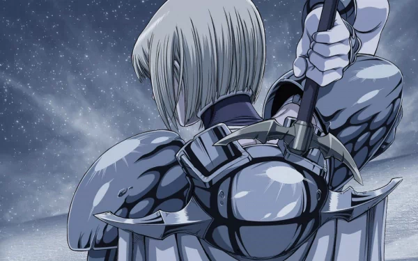 A stunning HD wallpaper featuring an anime character from Claymore, showcasing intricate armor and a fierce expression, set against a dramatic, starry background.