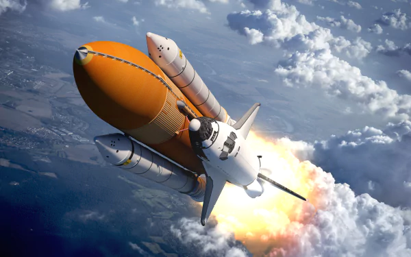 Space shuttle vehicle ascending through clouds with booster flames, 5K Ultra HD PC desktop wallpaper background.
