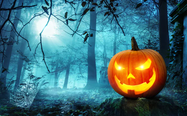 A glowing jack-o'-lantern illuminates a misty forest at night, creating a spooky Halloween scene in this 4K Ultra HD PC desktop wallpaper and background.