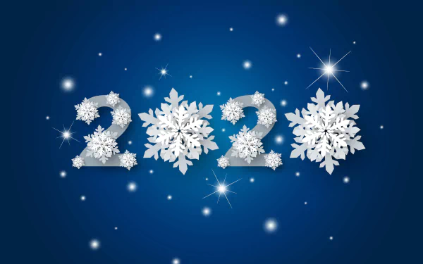 2020 New Year celebration with sparkling snowflakes on a deep blue background, featured as an 8K Ultra HD PC desktop wallpaper and holiday-themed image.