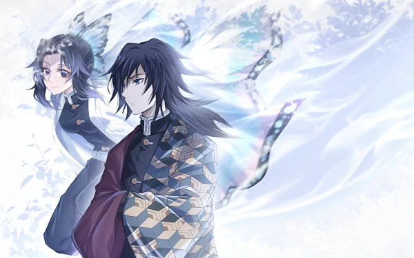 HD desktop wallpaper featuring Giyuu Tomioka and Shinobu Kochou from Demon Slayer: Kimetsu no Yaiba. The ethereal background enhances the serene yet powerful presence of these anime characters.