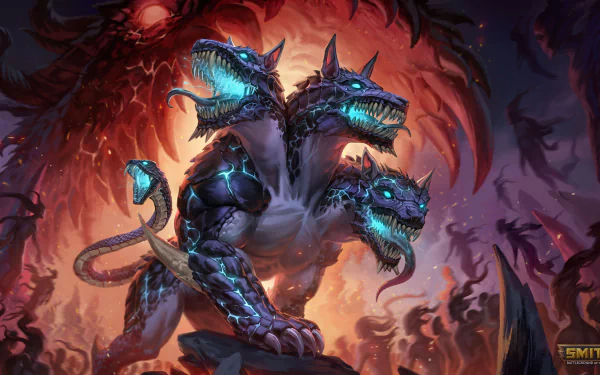 4K Ultra HD PC desktop wallpaper featuring Cerberus from the video game Smite, showcasing the three-headed beast in a dark, fiery environment.