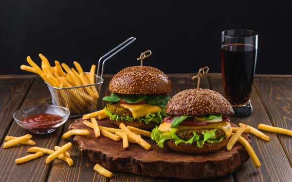 Still-life 8K Ultra HD PC wallpaper: two burgers with sesame buns, lettuce, tomato and cheese on a wooden board, scattered french fries, fries in a metal basket and a glass of cola.