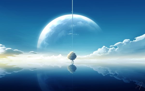 Anime Original Water Tree Planet Reflection Cloud Sky HD Wallpaper | Background Image