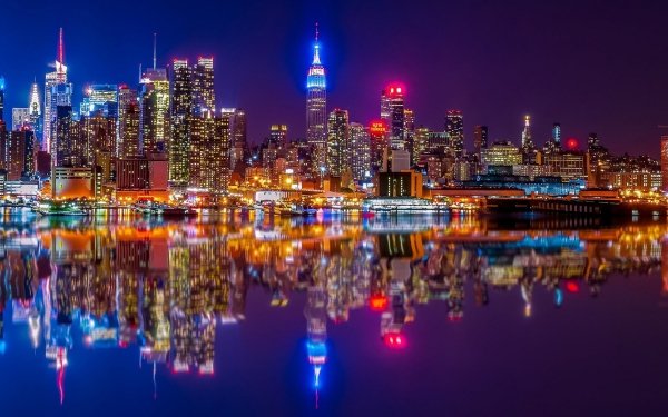 Man Made New York Cities United States Reflection River Building Night City Manhattan Skyscraper Hudson River USA HD Wallpaper | Background Image