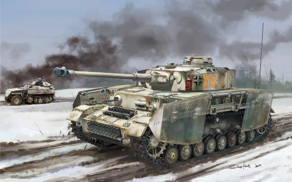 Panzer IV military tank in HD PC desktop wallpaper, camouflaged, advancing through a snowy battlefield with smoke plumes and a secondary armored vehicle behind.