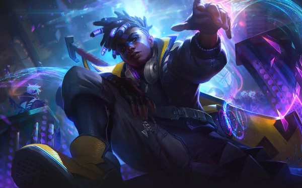 Ekko from League of Legends in dynamic action pose with glowing blue and purple energy, captured in a vibrant 4K Ultra HD video game wallpaper background.