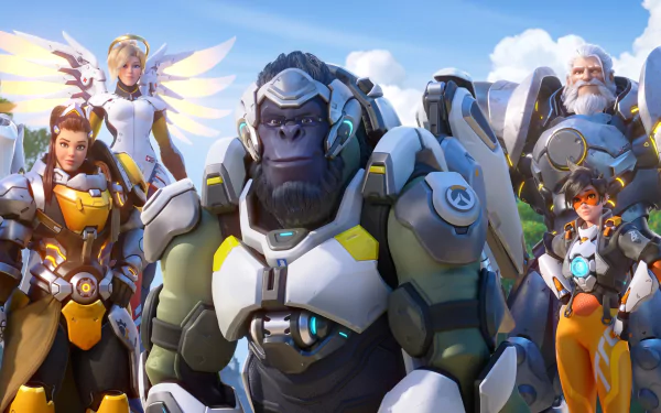 Mei (Overwatch) Tracer (Overwatch) Reinhardt (Overwatch) Mercy (Overwatch) Winston (Overwatch) Brigitte (Overwatch) Genji (Overwatch) video game Overwatch 2 HD Desktop Wallpaper | Background Image