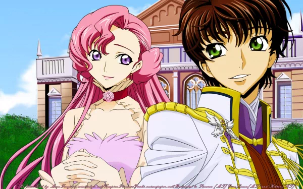 HD anime desktop wallpaper featuring Suzaku Kururugi and Euphemia Li Britannia from Code Geass standing in front of a grand building under a clear sky.